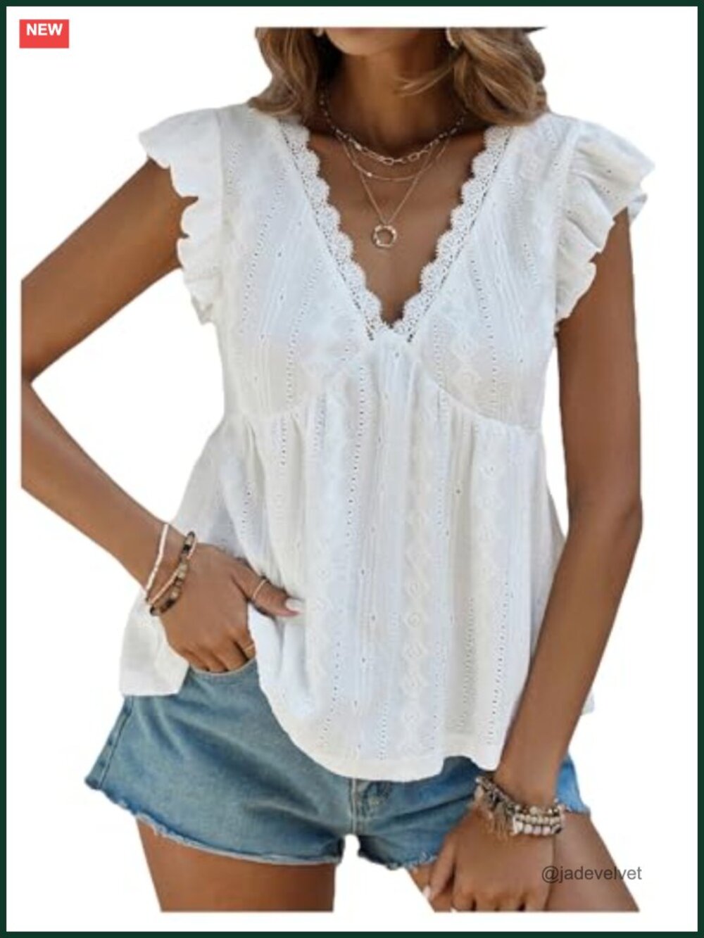 Lace Trimmed Ruffled Flared Eyelet Blouse Flowy Top